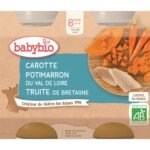 Choisissez Babybio Carotte Potimarron Truite 8mois+ pour une introduction naturelle et saine à l'alimentation de votre bébé. Disponible sur bebebio.ma au Maroc.