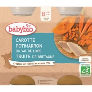 Choisissez Babybio Carotte Potimarron Truite 8mois+ pour une introduction naturelle et saine à l'alimentation de votre bébé. Disponible sur bebebio.ma au Maroc.