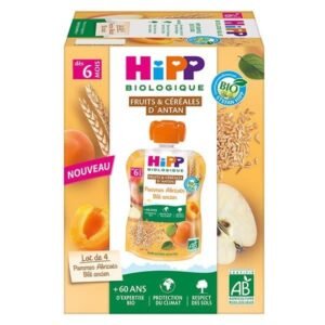 Hipp Fruits et Céréales Pommes Abricots Blé Ancien +6m Gourdes 4 x 90g